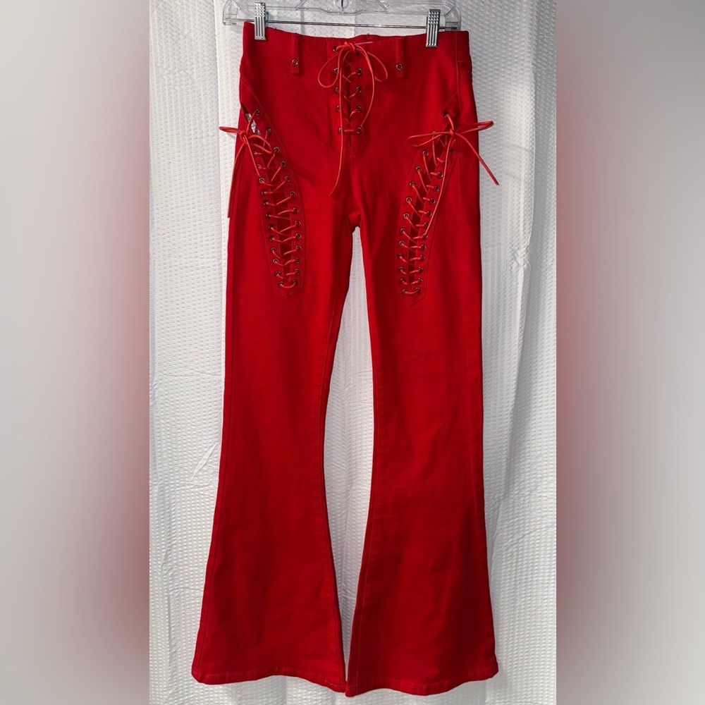 Edikted Engine Red lace-up flare jeans size S
